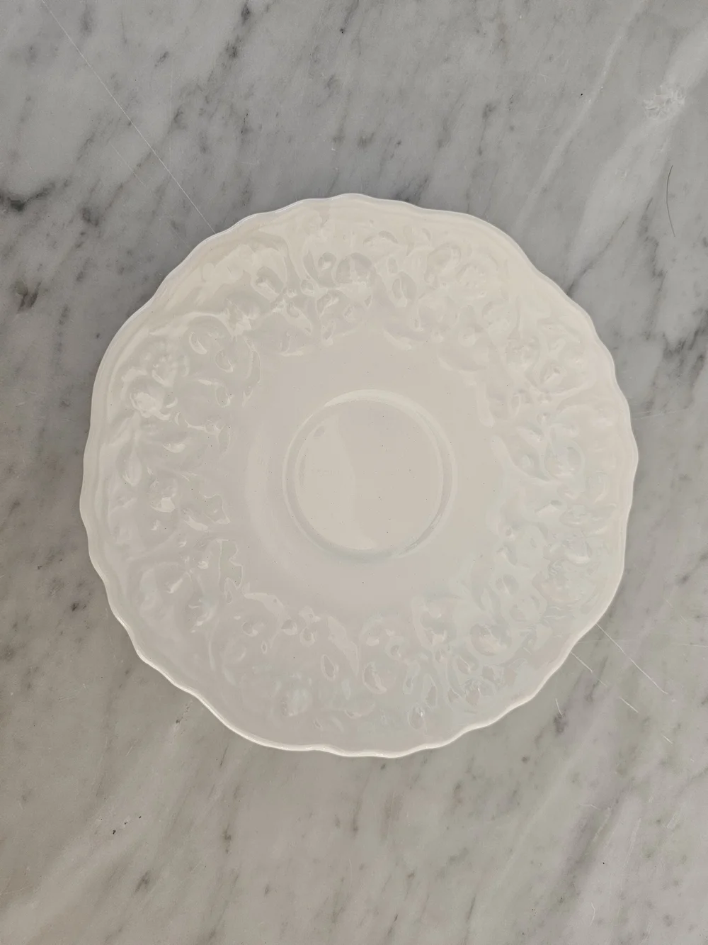 Steubenville Rose Point Tea Cup & Saucer Set White Embossed Floral Vintage